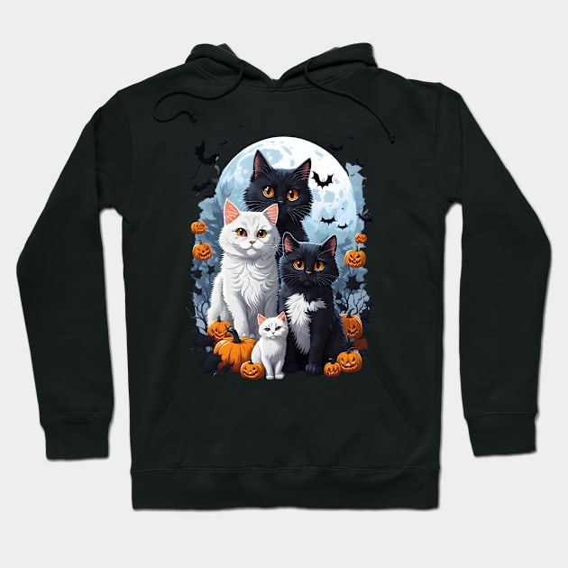 "Harmonious Halloween: Cat Lovers Under the Big Full Moon with Black and White Couple Cats" Hoodie by Ratchyshop